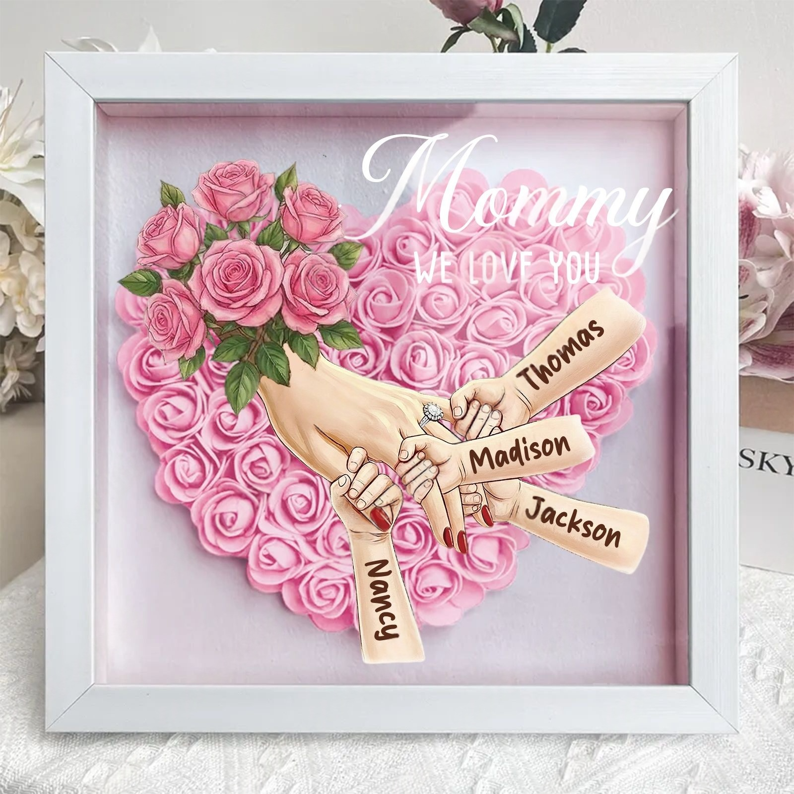 Personalized Mommy Holding Hands Shadow Box with Ring & Manicure – Custom Kids Names & Flower Bouquet Floral Heart Frame, Premium Mother’s Day Gift