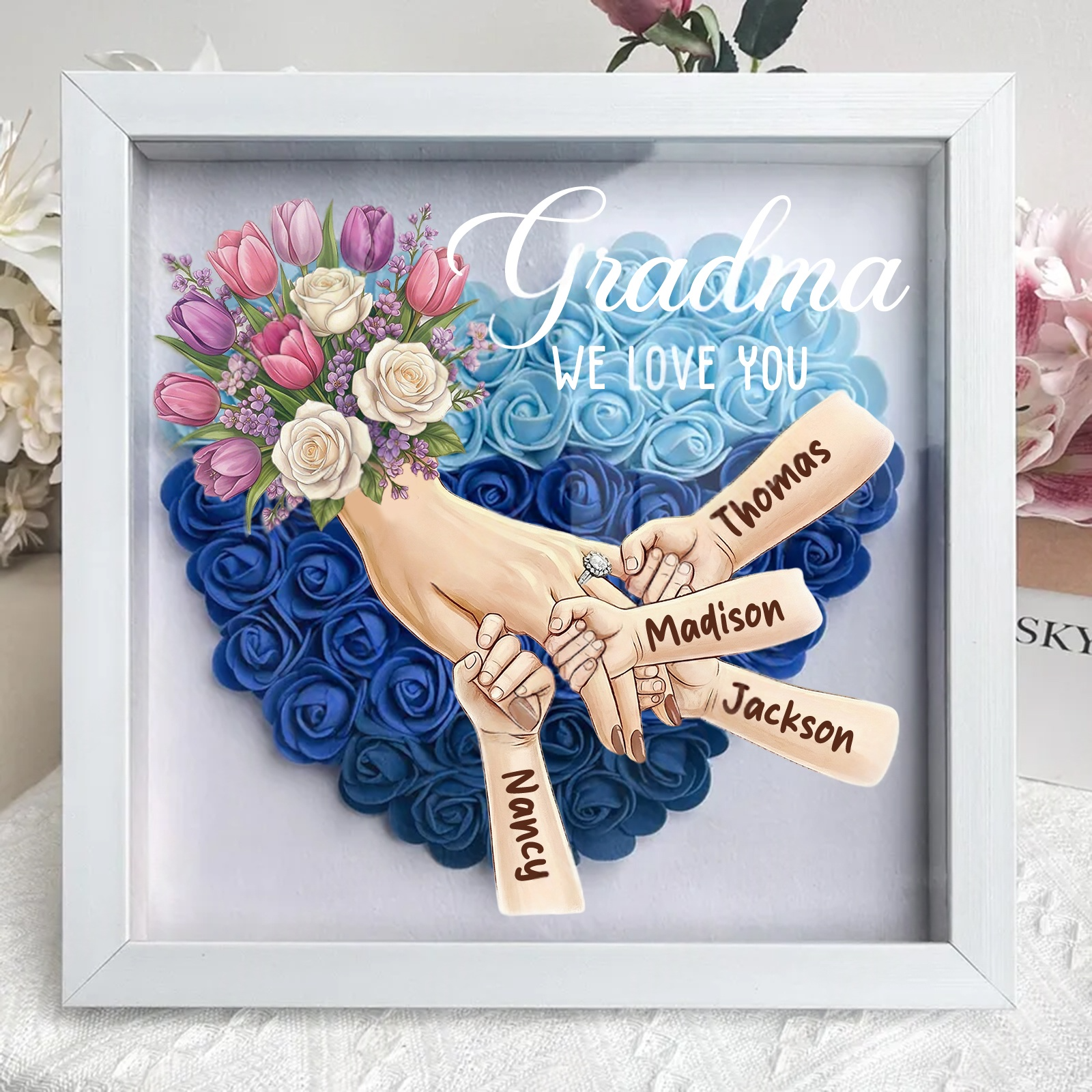 Personalized Mommy Holding Hands Shadow Box with Ring & Manicure – Custom Kids Names & Flower Bouquet Floral Heart Frame, Premium Mother’s Day Gift