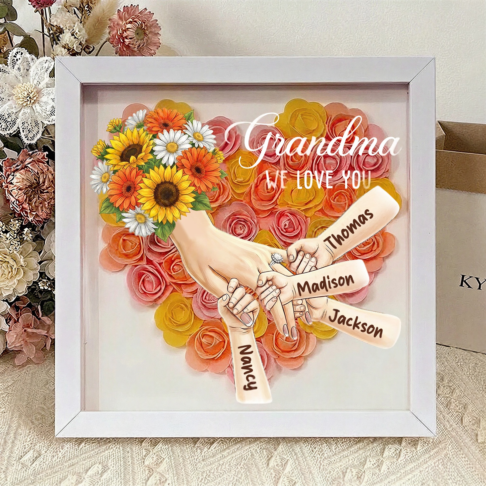 Personalized Mommy Holding Hands Shadow Box with Ring & Manicure – Custom Kids Names & Flower Bouquet Floral Heart Frame, Premium Mother’s Day Gift