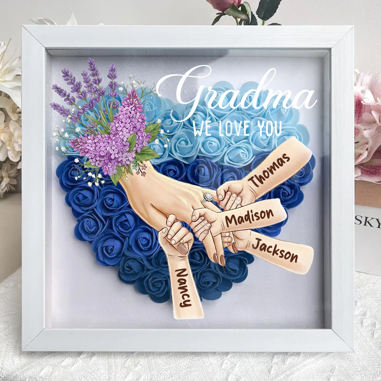 Personalized Mommy Holding Hands Shadow Box with Ring & Manicure – Custom Kids Names & Flower Bouquet Floral Heart Frame, Premium Mother’s Day Gift