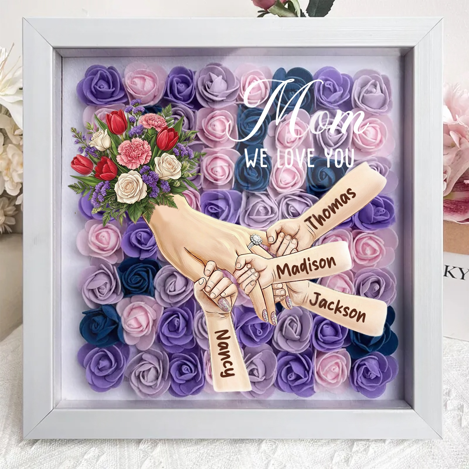 Personalized Mommy Holding Hands Shadow Box with Ring & Manicure – Custom Kids Names & Flower Bouquet Floral Heart Frame, Premium Mother’s Day Gift