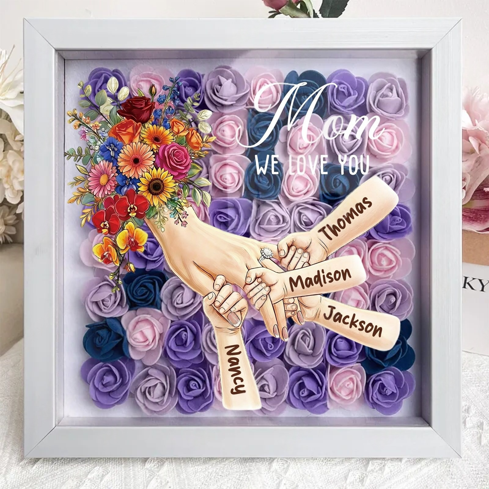 Personalized Mommy Holding Hands Shadow Box with Ring & Manicure – Custom Kids Names & Flower Bouquet Floral Heart Frame, Premium Mother’s Day Gift