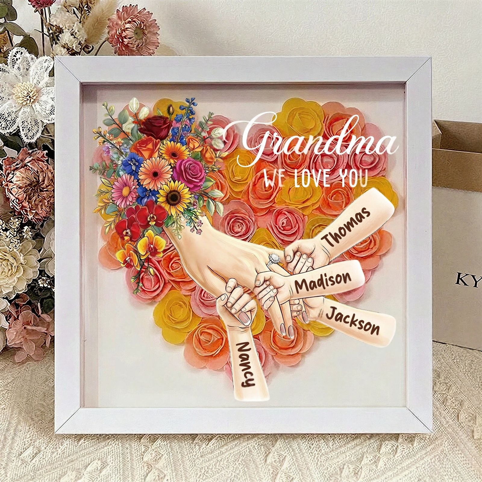Personalized Mommy Holding Hands Shadow Box with Ring & Manicure – Custom Kids Names & Flower Bouquet Floral Heart Frame, Premium Mother’s Day Gift