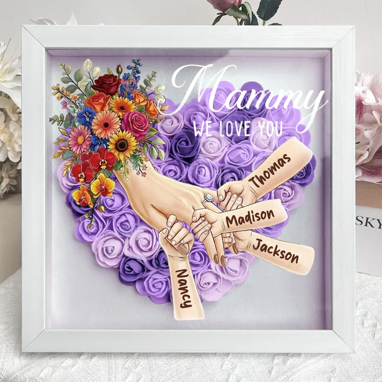 Personalized Mommy Holding Hands Shadow Box with Ring & Manicure – Custom Kids Names & Flower Bouquet Floral Heart Frame, Premium Mother’s Day Gift