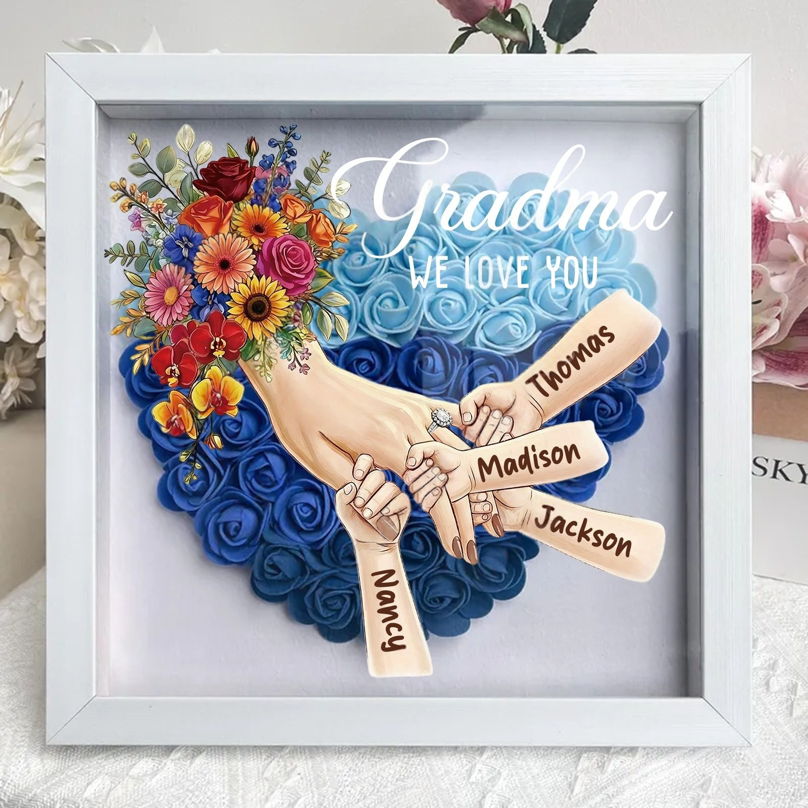 Personalized Mommy Holding Hands Shadow Box with Ring & Manicure – Custom Kids Names & Flower Bouquet Floral Heart Frame, Premium Mother’s Day Gift