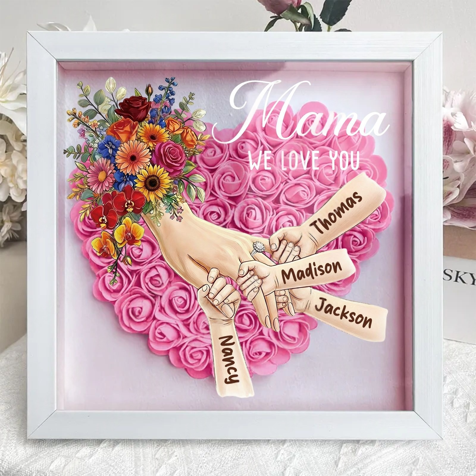 Personalized Mommy Holding Hands Shadow Box with Ring & Manicure – Custom Kids Names & Flower Bouquet Floral Heart Frame, Premium Mother’s Day Gift