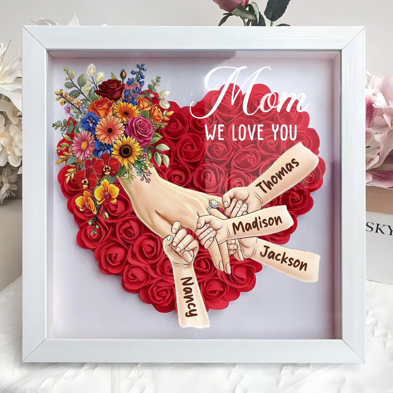 Personalized Mommy Holding Hands Shadow Box with Ring & Manicure – Custom Kids Names & Flower Bouquet Floral Heart Frame, Premium Mother’s Day Gift