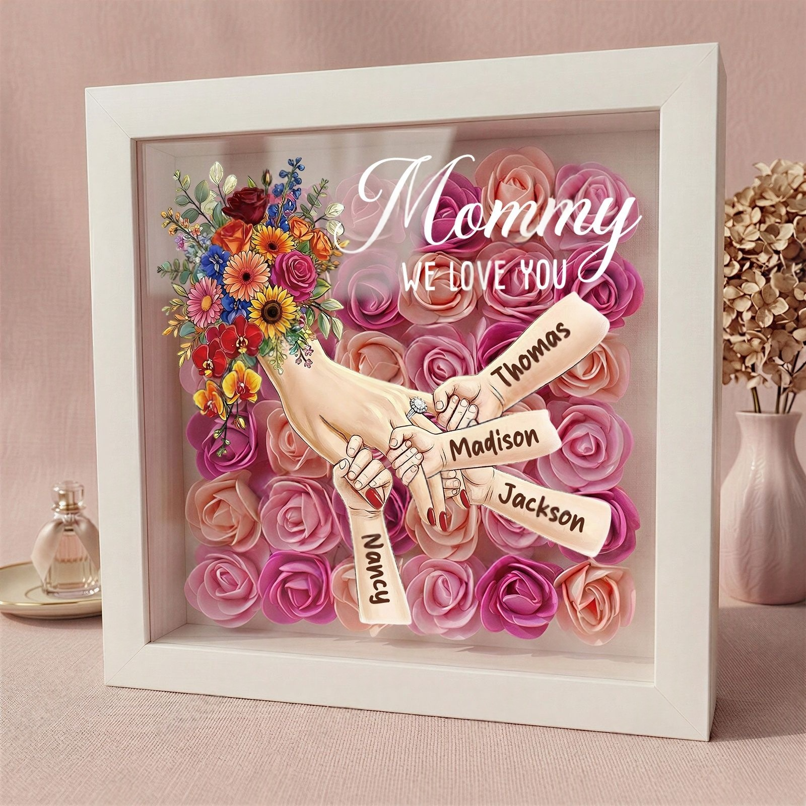 Personalized Mommy Holding Hands Shadow Box with Ring & Manicure – Custom Kids Names & Flower Bouquet Floral Heart Frame, Premium Mother’s Day Gift