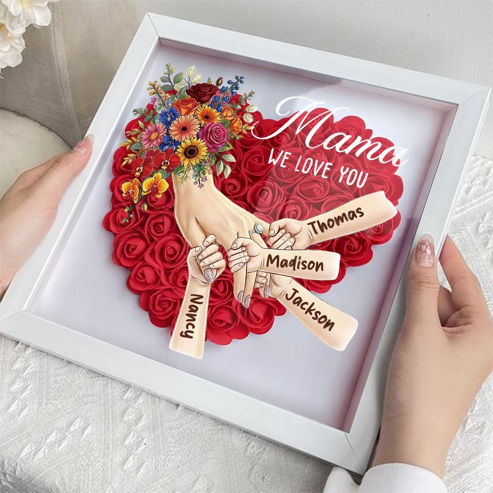 Personalized Mommy Holding Hands Shadow Box with Ring & Manicure – Custom Kids Names & Flower Bouquet Floral Heart Frame, Premium Mother’s Day Gift
