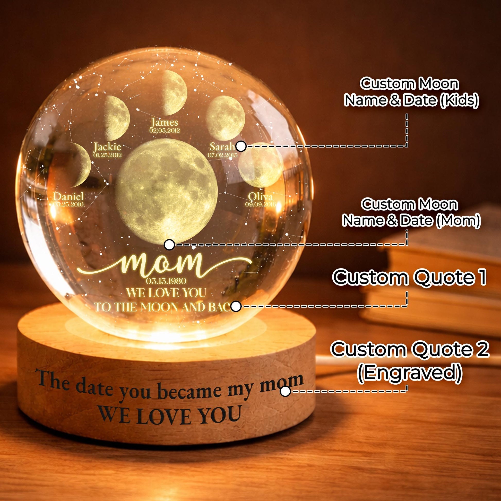 Personalized Multi Moon Phase Crystal Ball LED Night Light – Mother's Day Gift