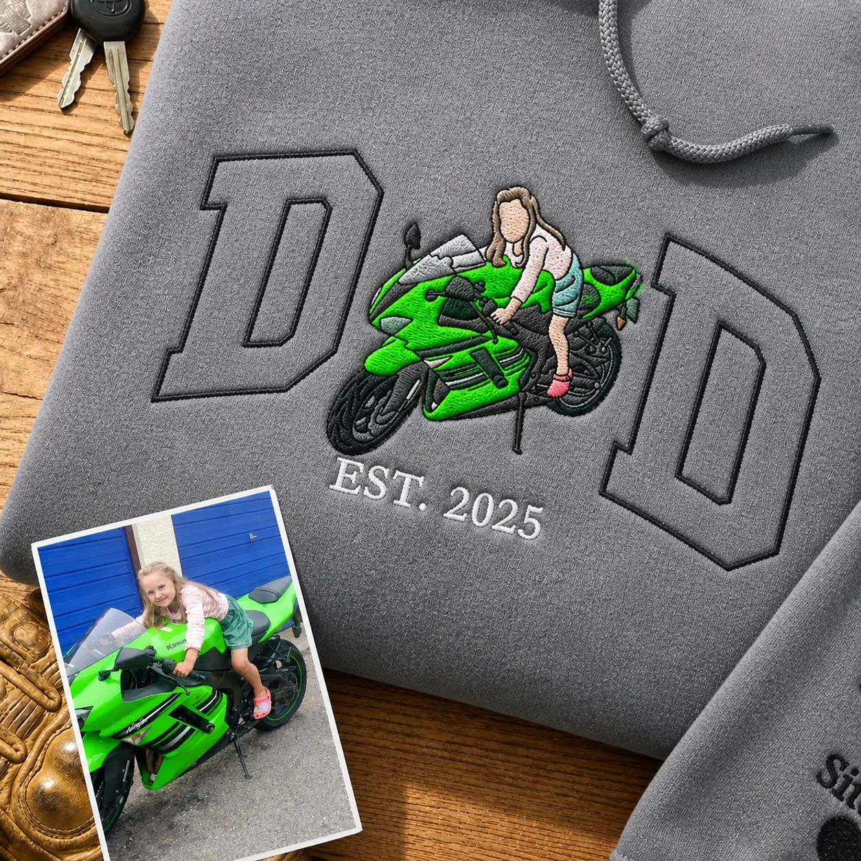 Custom Embroidered Dad Riding Hoodie from Photo – Personalized Father’s Day Gift for Husband