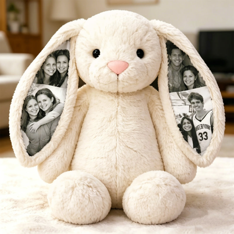 Personalized Photo Bunny Plush Toy – Cuddly bunny with hidden picture in the ears, gift for couples for anniversaries & Mother's Day, Father's Day