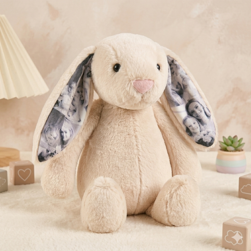 Personalized Photo Bunny Plush Toy – Cuddly bunny with hidden picture in the ears, gift for couples for anniversaries & Mother's Day, Father's Day