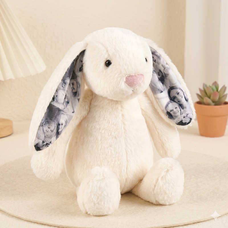 Personalized Photo Bunny Plush Toy – Cuddly bunny with hidden picture in the ears, gift for couples for anniversaries & Mother's Day, Father's Day