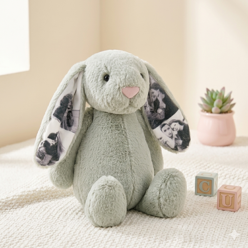 Personalized Photo Bunny Plush Toy – Cuddly bunny with hidden picture in the ears, gift for couples for anniversaries & Mother's Day, Father's Day