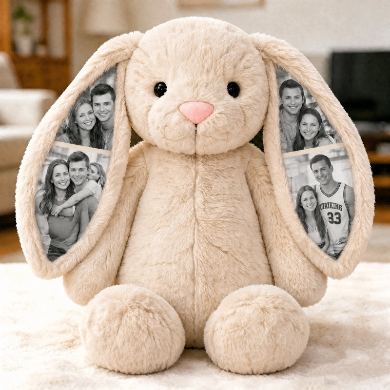 Personalized Photo Bunny Plush Toy – Cuddly bunny with hidden picture in the ears, gift for couples for anniversaries & Mother's Day, Father's Day