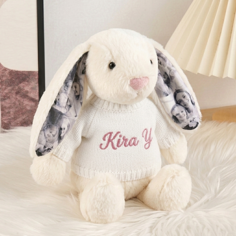 Personalized Photo Bunny Plush Toy – Cuddly bunny with hidden picture in the ears, gift for couples for anniversaries & Mother's Day, Father's Day