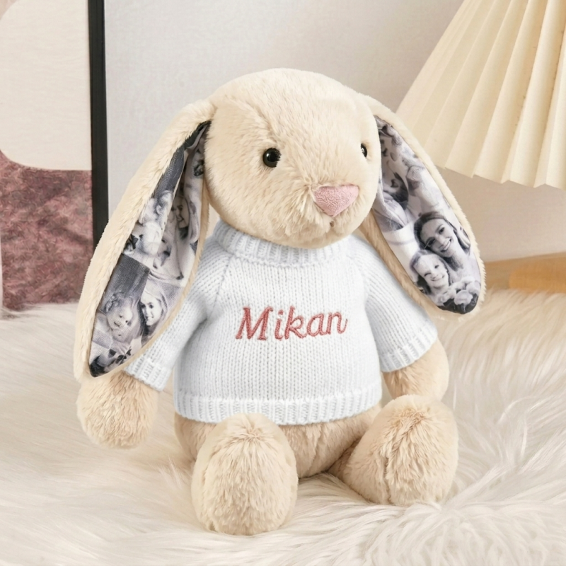 Personalized Photo Bunny Plush Toy – Cuddly bunny with hidden picture in the ears, gift for couples for anniversaries & Mother's Day, Father's Day