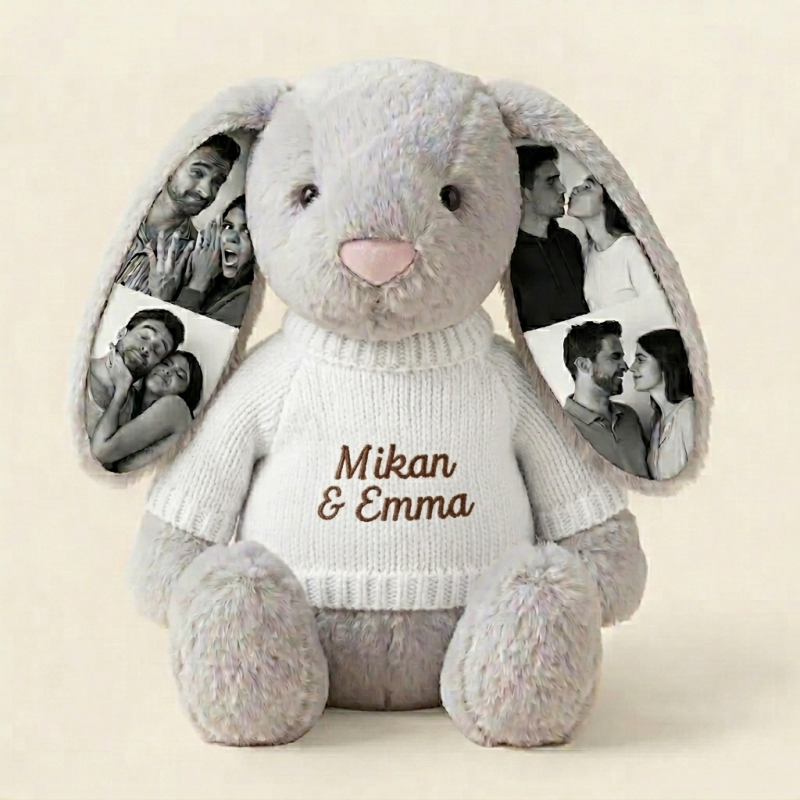 Personalized Photo Bunny Plush Toy – Cuddly bunny with hidden picture in the ears, gift for couples for anniversaries & Mother's Day, Father's Day
