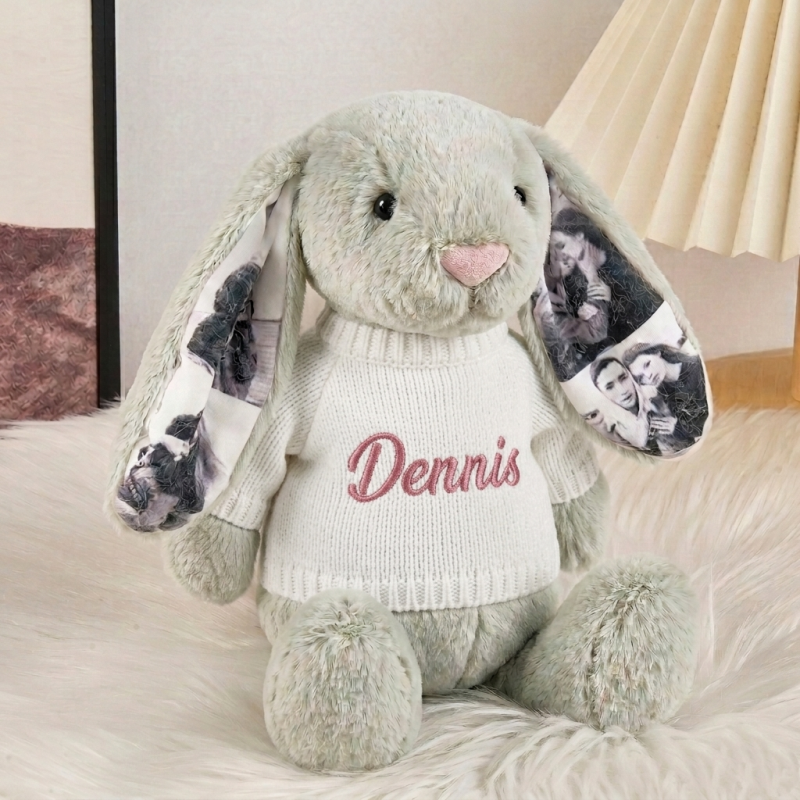 Personalized Photo Bunny Plush Toy – Cuddly bunny with hidden picture in the ears, gift for couples for anniversaries & Mother's Day, Father's Day