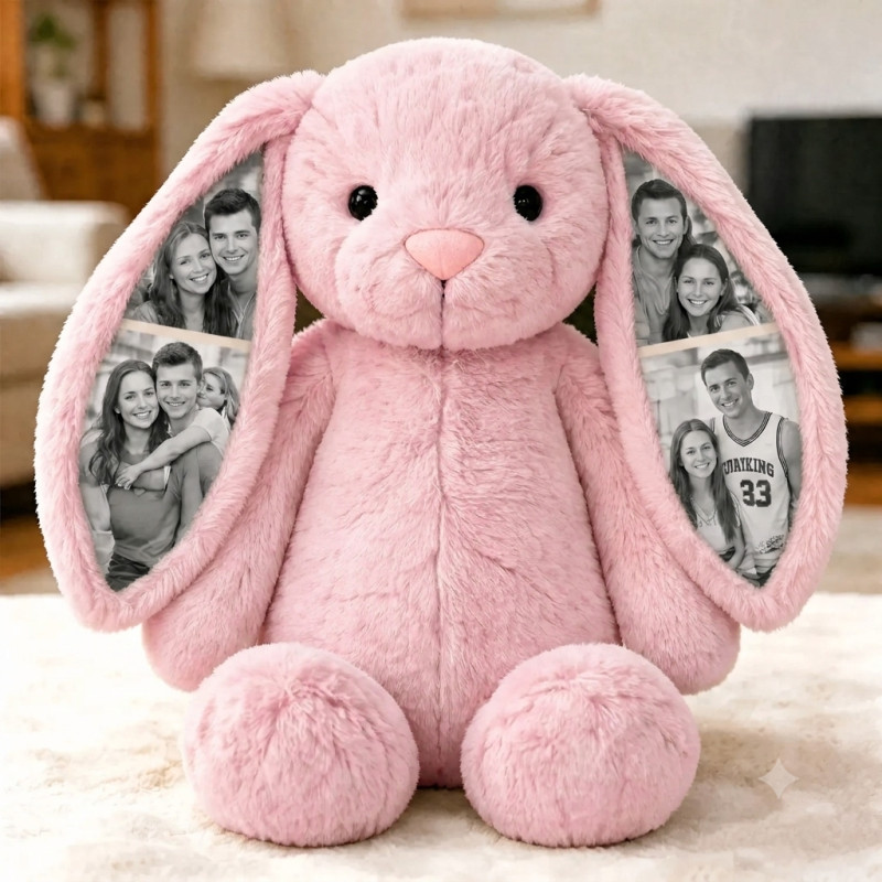 Personalized Photo Bunny Plush Toy – Cuddly bunny with hidden picture in the ears, gift for couples for anniversaries & Mother's Day, Father's Day