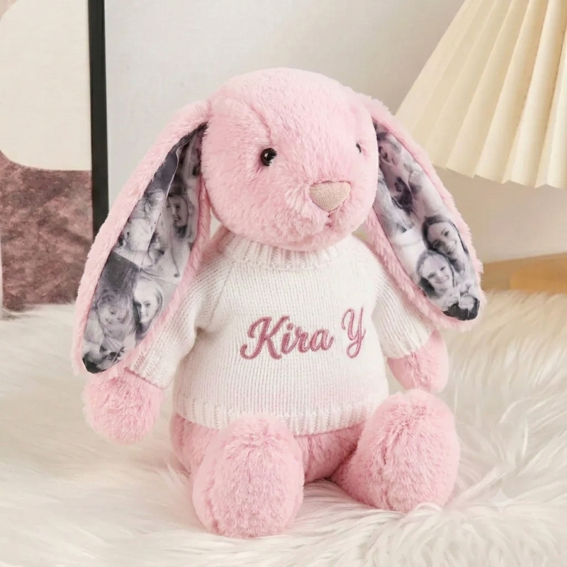 Personalized Photo Bunny Plush Toy – Cuddly bunny with hidden picture in the ears, gift for couples for anniversaries & Mother's Day, Father's Day