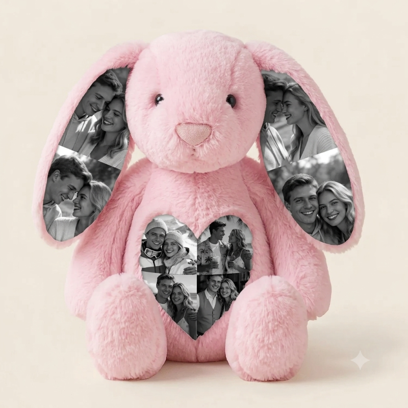 Personalized Photo Bunny Plush Toy – Cuddly bunny with hidden picture in the ears, gift for couples for anniversaries & Mother's Day, Father's Day