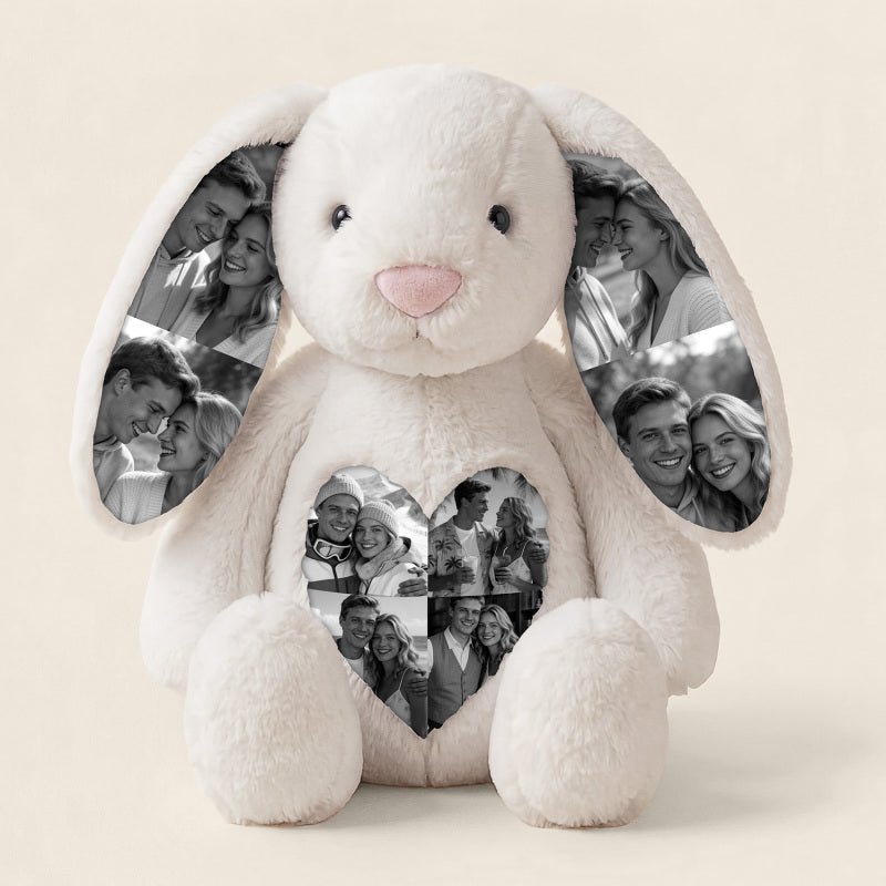 Personalized Photo Bunny Plush Toy – Cuddly bunny with hidden picture in the ears, gift for couples for anniversaries & Mother's Day, Father's Day