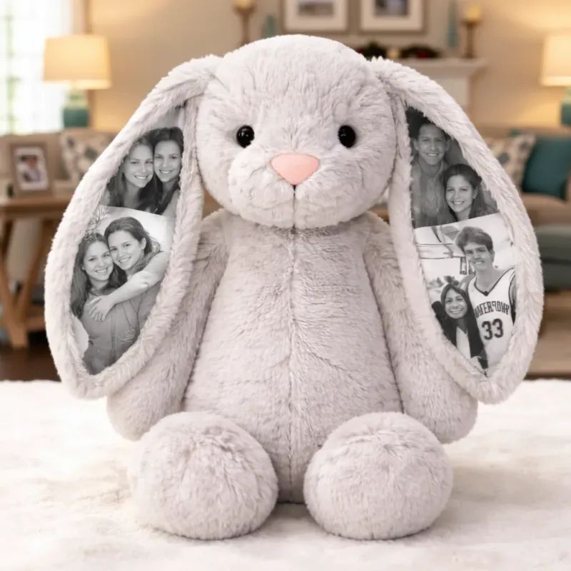 Personalized Photo Bunny Plush Toy – Cuddly bunny with hidden picture in the ears, gift for couples for anniversaries & Mother's Day, Father's Day