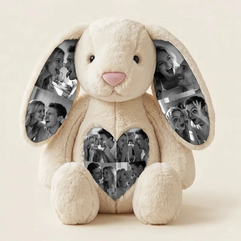 Personalized Photo Bunny Plush Toy – Cuddly bunny with hidden picture in the ears, gift for couples for anniversaries & Mother's Day, Father's Day
