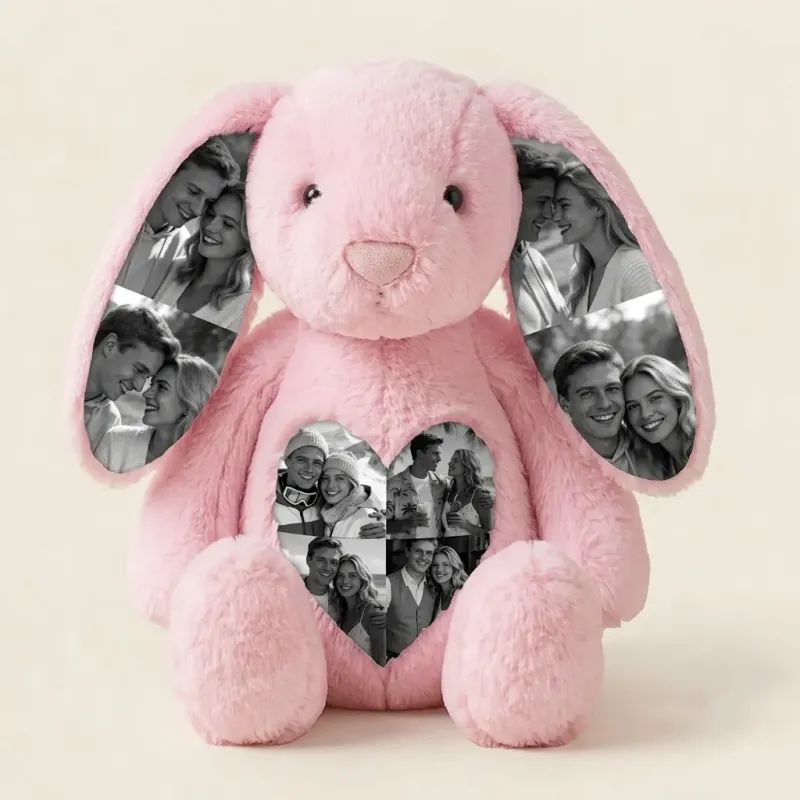 Personalized Photo Bunny Plush Toy – Cuddly bunny with hidden picture in the ears, gift for couples for anniversaries & Mother's Day, Father's Day