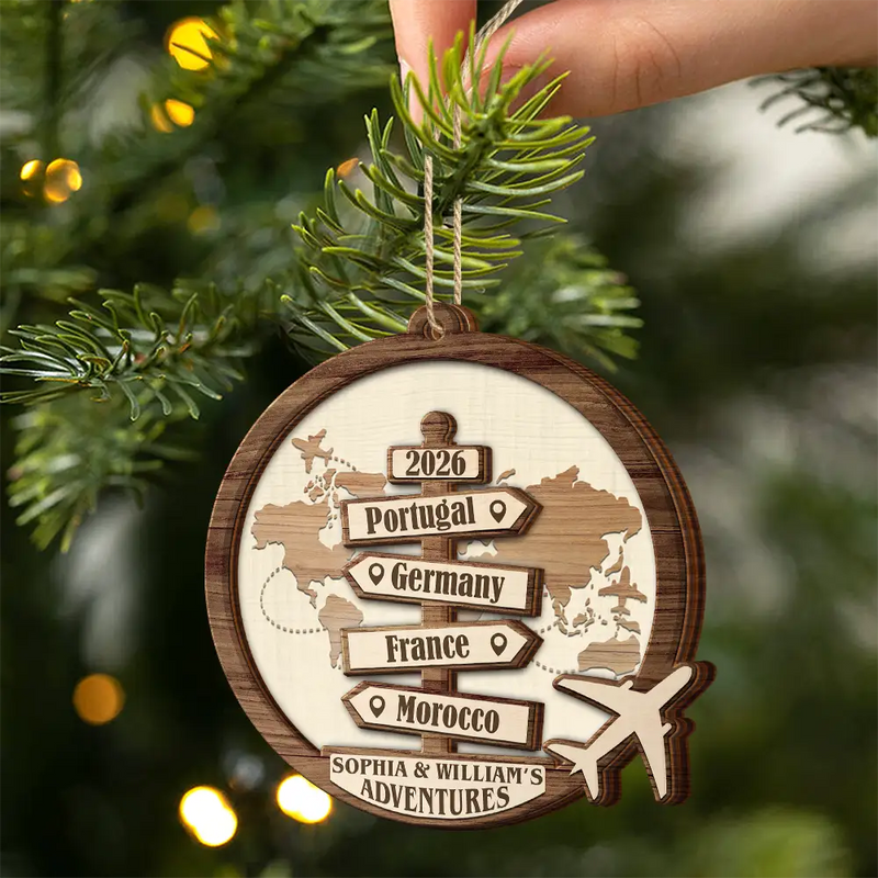 Custom 2-Layered Wooden Ornament – Custom Travel Couple Gift for Him & Her, Engraved with Names & Year, Ideal for Anniversary, Wedding, or Valentine's Day