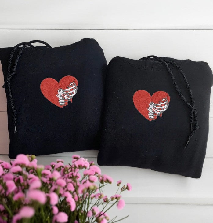Custom Matching Hoodies for Couples – Skeleton Rib Cage Heart Embroidered Sweatshirts with Initial & Heart on Sleeve, Personalized Anniversary/Birthday Gift for Him & Her