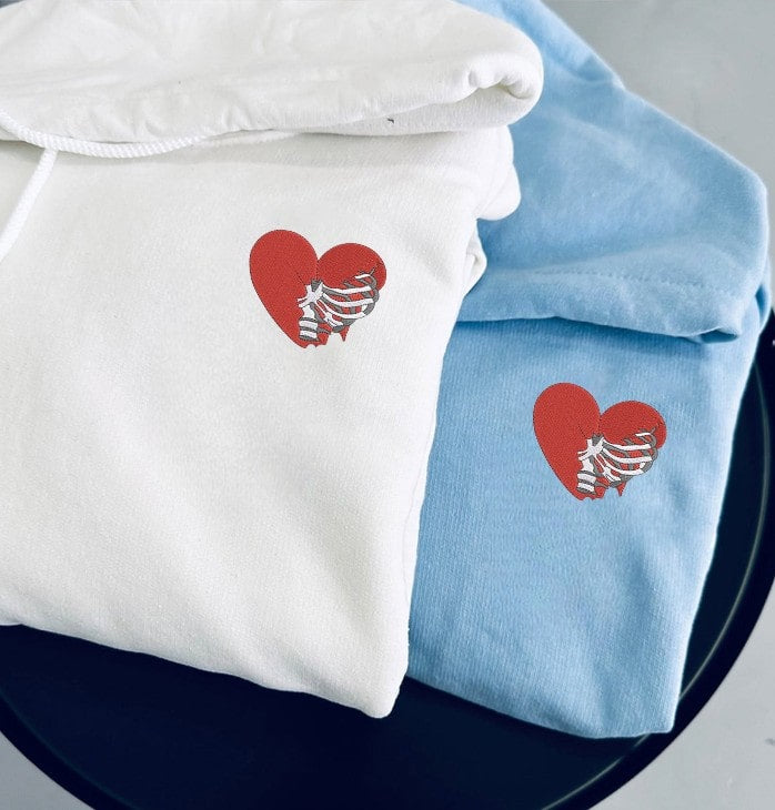 Custom Matching Hoodies for Couples – Skeleton Rib Cage Heart Embroidered Sweatshirts with Initial & Heart on Sleeve, Personalized Anniversary/Birthday Gift for Him & Her