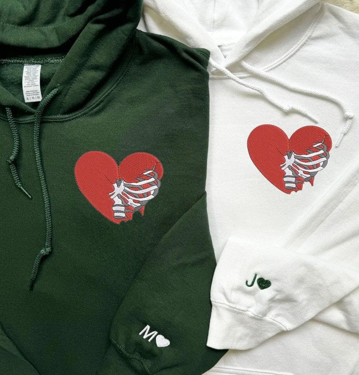 Custom Matching Hoodies for Couples – Skeleton Rib Cage Heart Embroidered Sweatshirts with Initial & Heart on Sleeve, Personalized Anniversary/Birthday Gift for Him & Her