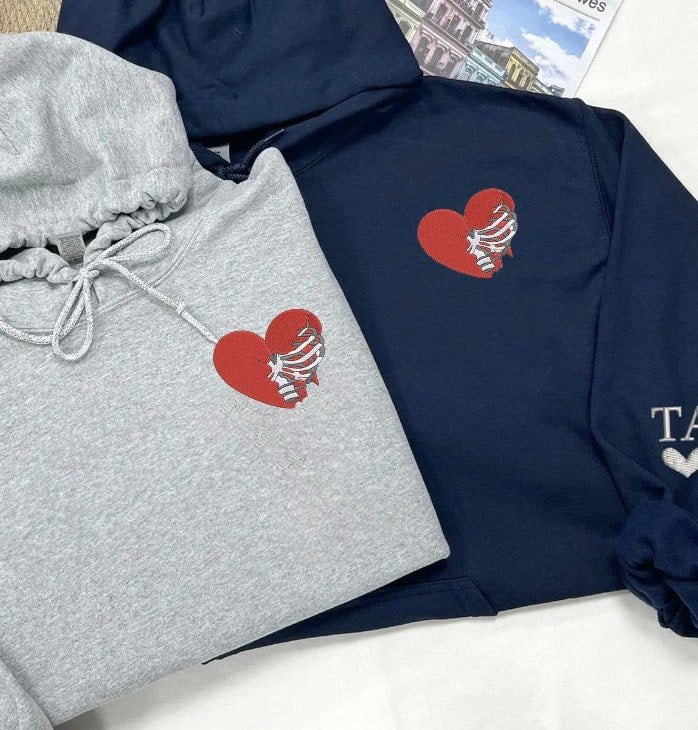 Custom Matching Hoodies for Couples – Skeleton Rib Cage Heart Embroidered Sweatshirts with Initial & Heart on Sleeve, Personalized Anniversary/Birthday Gift for Him & Her