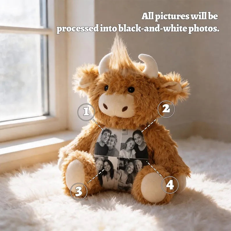 Personalized Photo Highland Cow Plush-Custom Photo Keepsake Gift for Couples, Family & Loved Ones