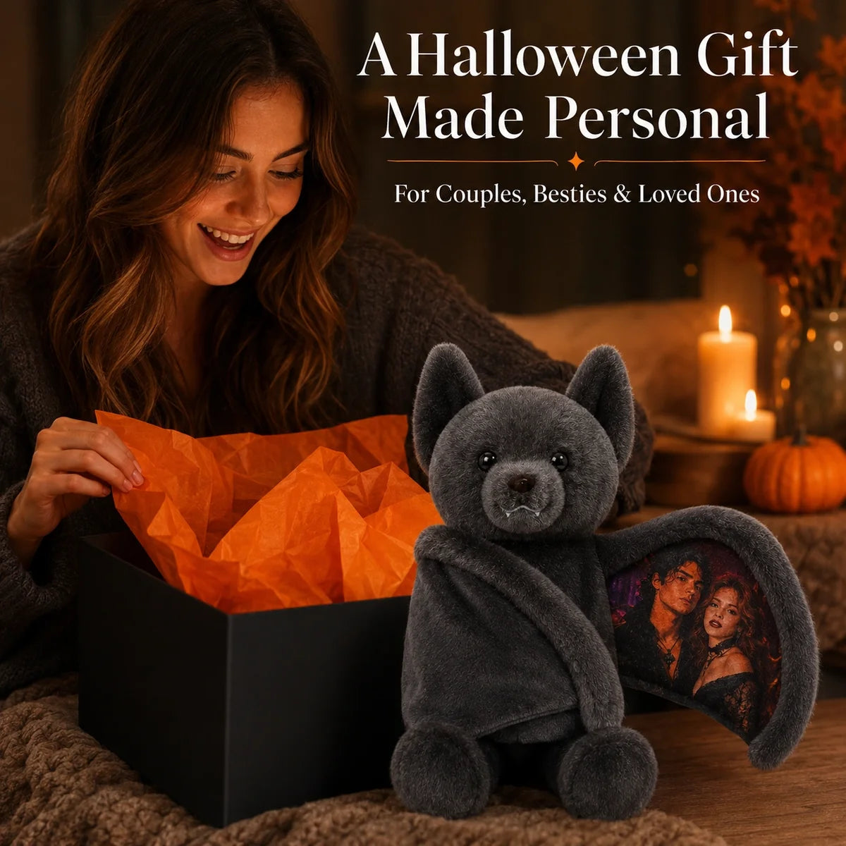 Personalized Photo Bat Bear Plush-Custom Gift for Couples, Family & Loved Ones, Halloween & Christmas Gift
