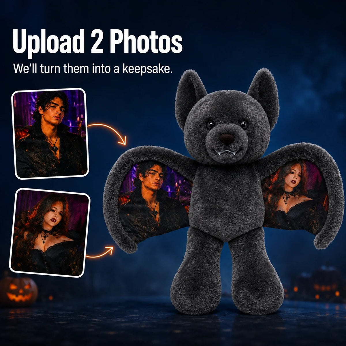 Personalized Photo Bat Bear Plush-Custom Gift for Couples, Family & Loved Ones, Halloween & Christmas Gift
