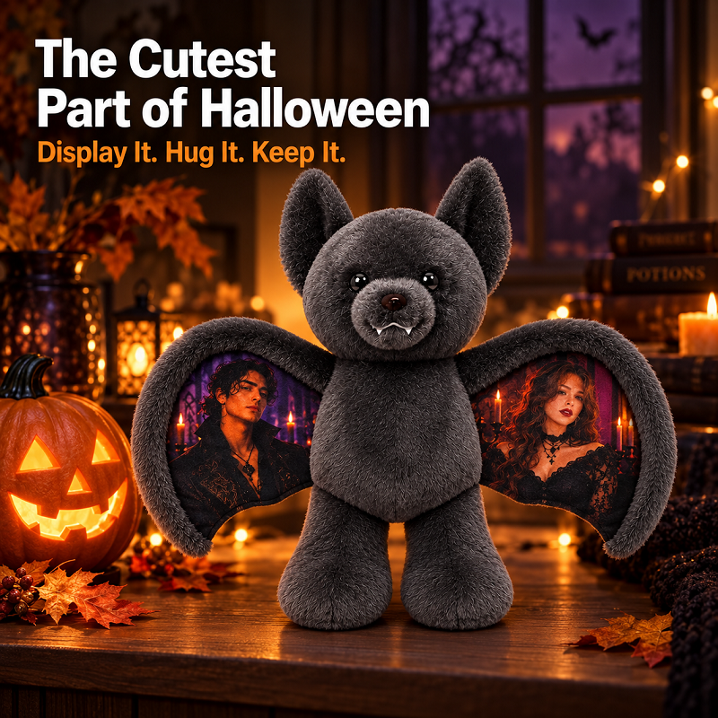 Personalized Photo Bat Bear Plush-Custom Gift for Couples, Family & Loved Ones, Halloween & Christmas Gift