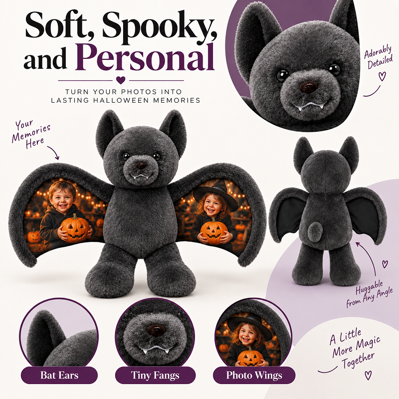 Personalized Photo Bat Bear Plush-Custom Gift for Couples, Family & Loved Ones, Halloween & Christmas Gift