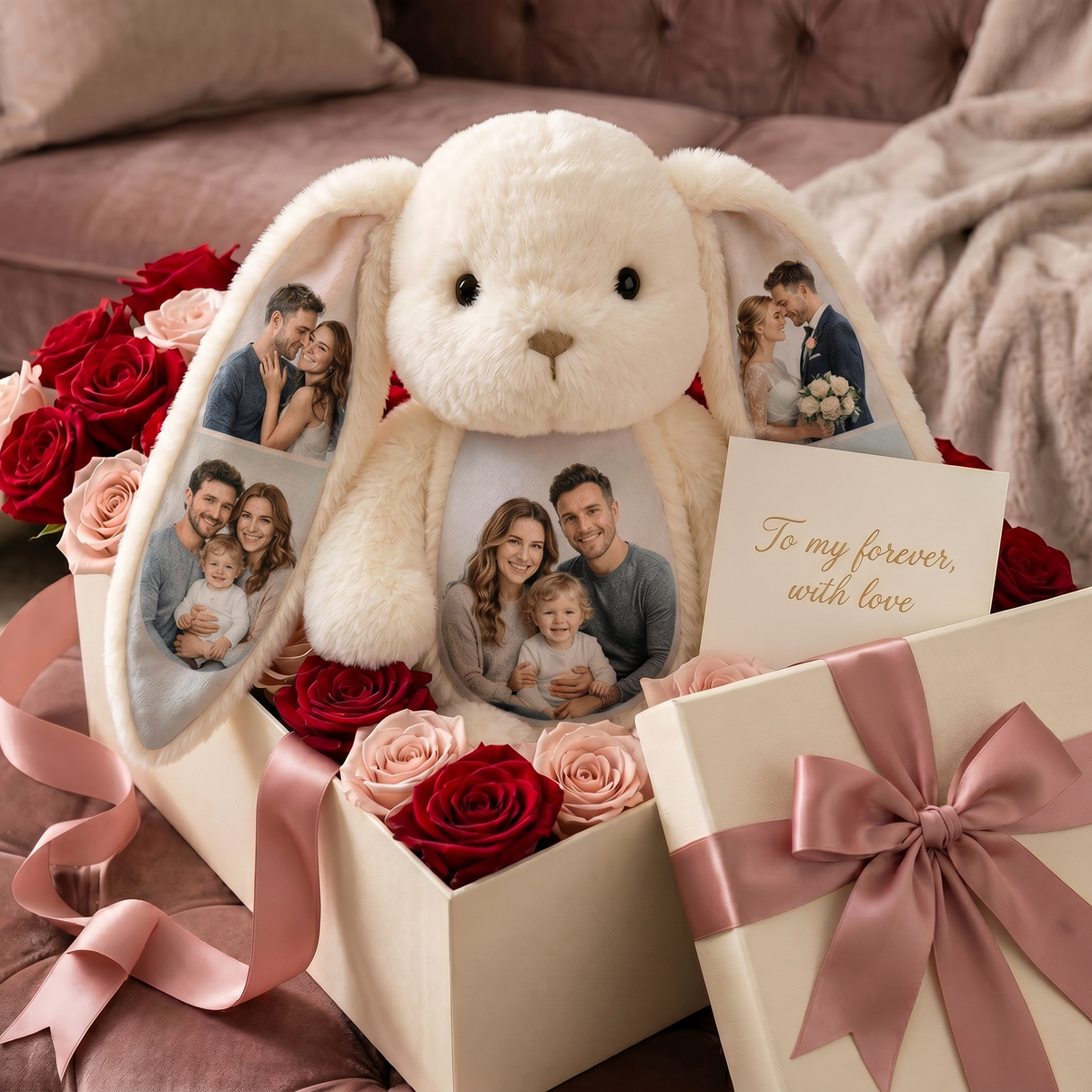 Personalized 5 Photo Bunny Plush-Custom Photo Keepsake Gift for Couples, Family & Loved Ones