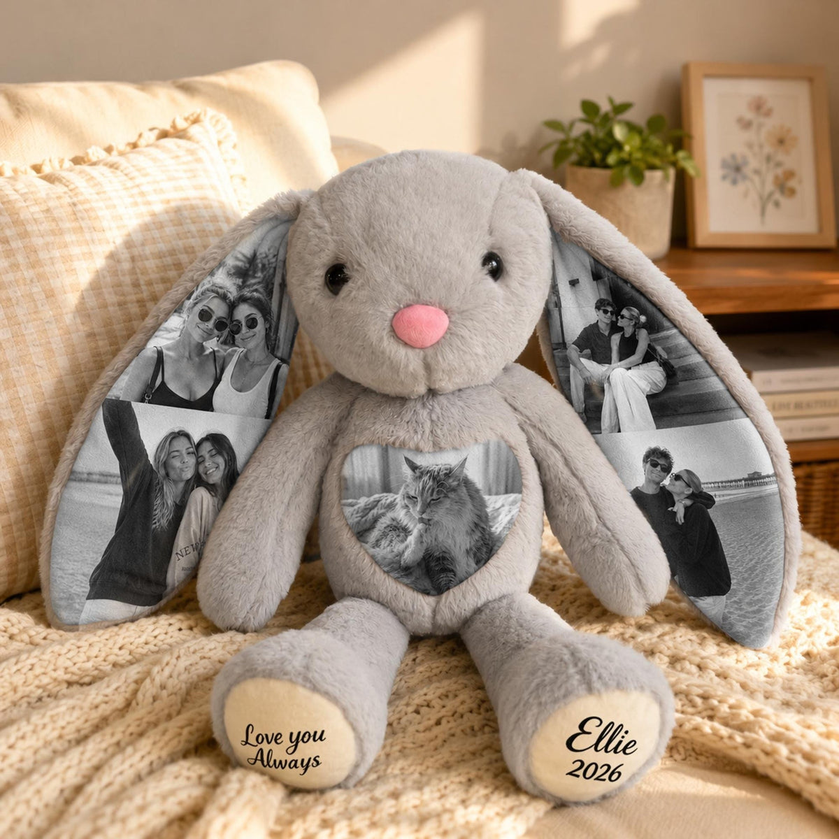 Personalized Photo Bunny Plush with Custom Paw Text-Unique Keepsake Gift for Couples, Family & Loved Ones