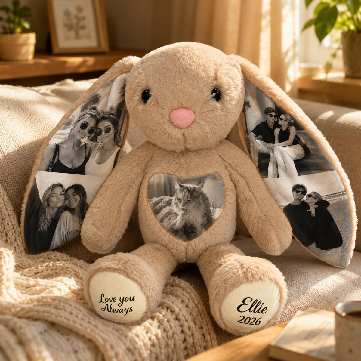 Personalized Photo Bunny Plush with Custom Paw Text-Unique Keepsake Gift for Couples, Family & Loved Ones