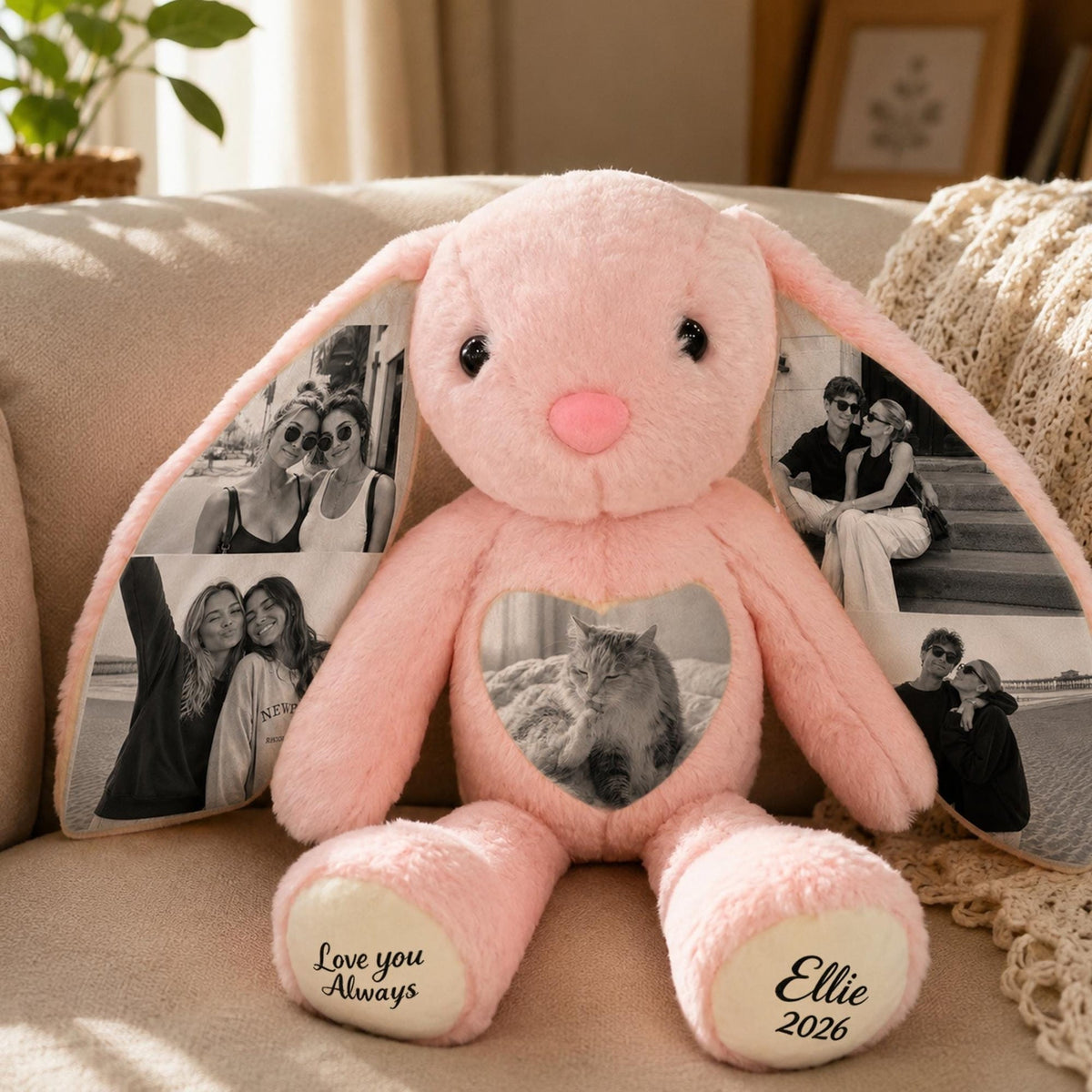 Personalized Photo Bunny Plush with Custom Paw Text-Unique Keepsake Gift for Couples, Family & Loved Ones