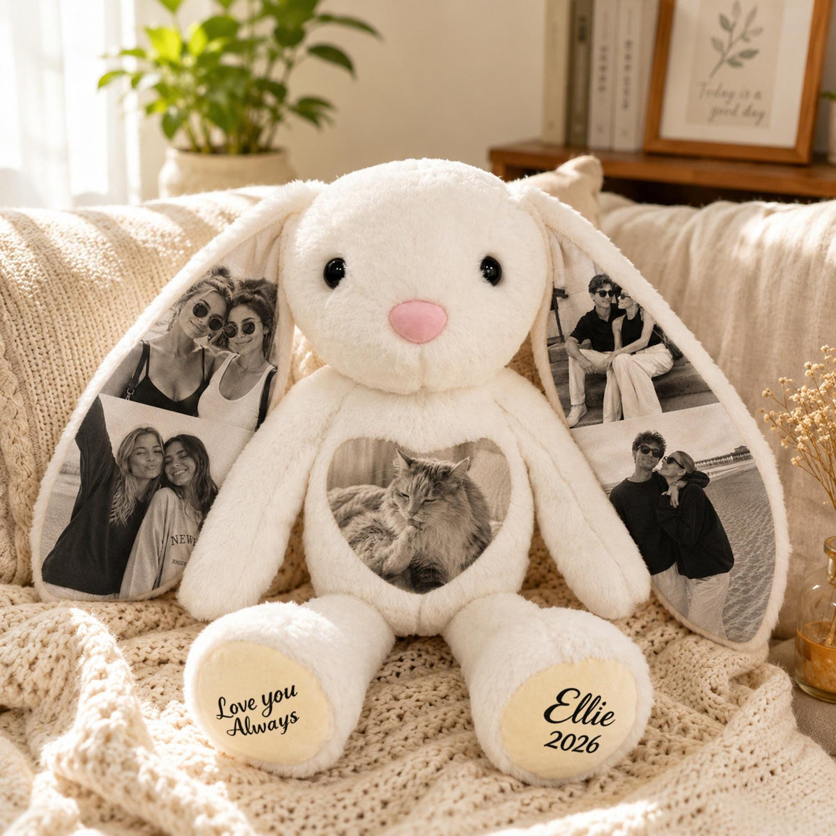 Personalized Photo Bunny Plush with Custom Paw Text-Unique Keepsake Gift for Couples, Family & Loved Ones