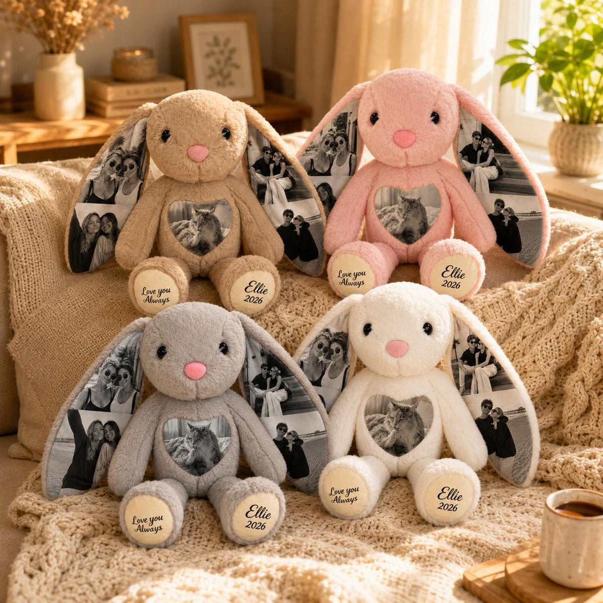 Personalized Photo Bunny Plush with Custom Paw Text-Unique Keepsake Gift for Couples, Family & Loved Ones