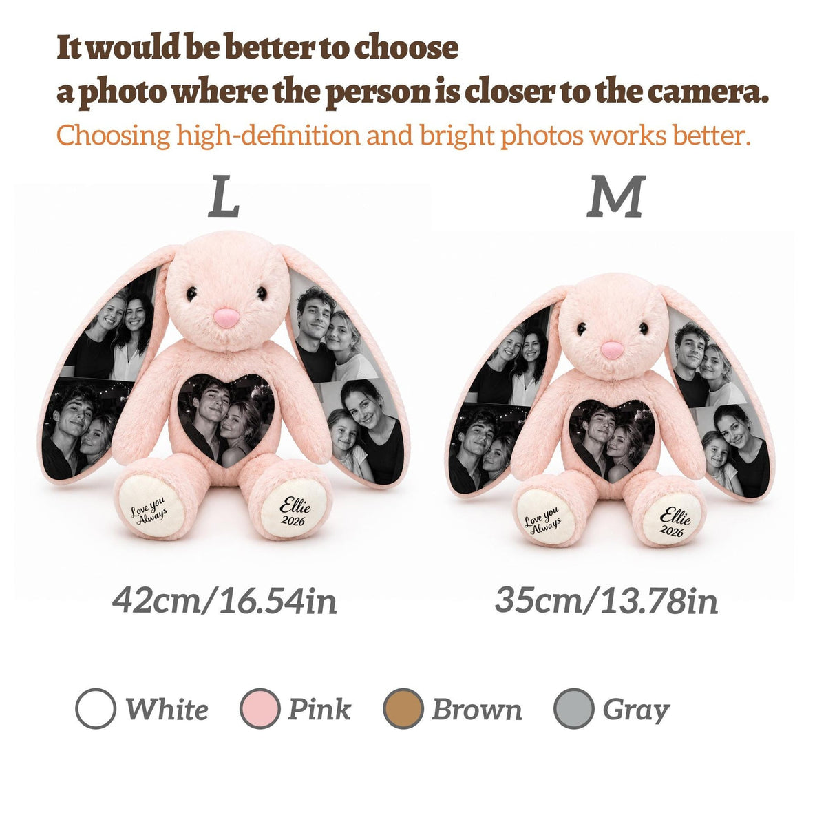 Personalized Photo Bunny Plush with Custom Paw Text-Unique Keepsake Gift for Couples, Family & Loved Ones