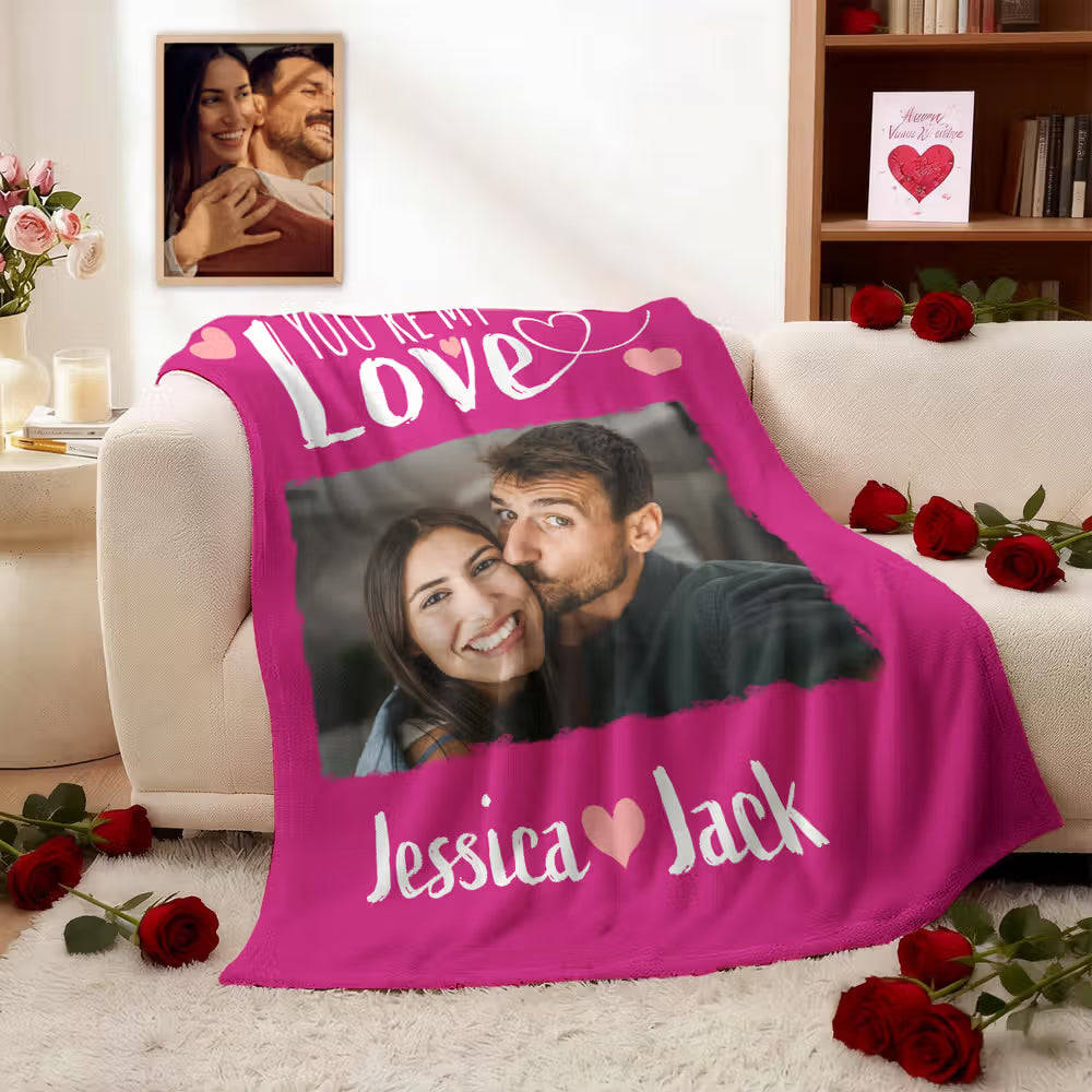 Personalized Multi-Color Couple Photo Soft Throw Blanket with Names Daily Use Valentine's Gift for Couples Girlfriend