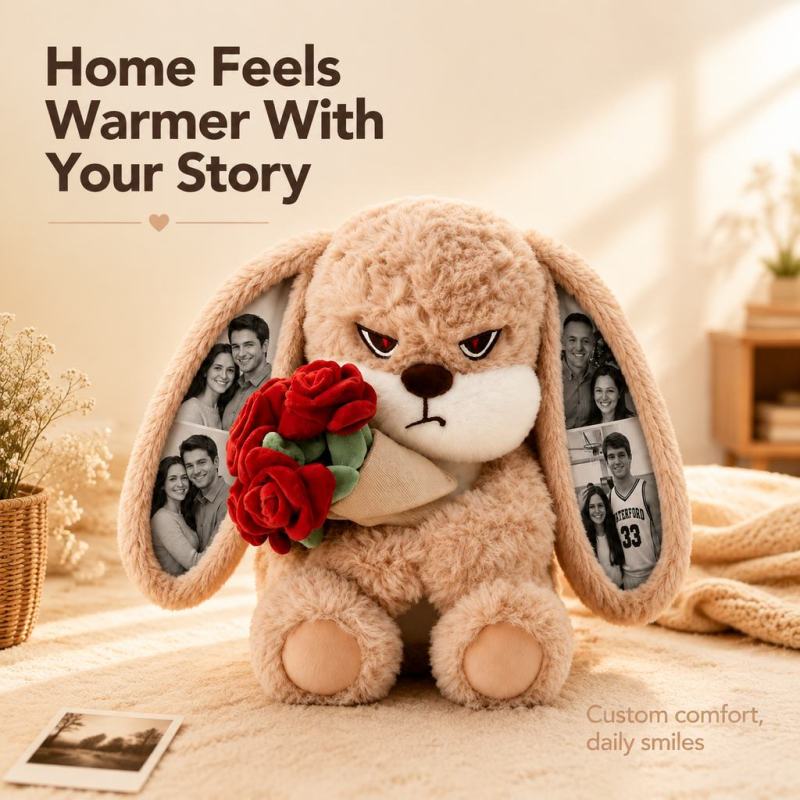Personalized Grumpy Bunny Plush Toy with Custom Photo Ears, Cute Stuffed Rabbit Holding Roses, Gift for Her, Him, Couples & Loved Ones